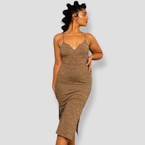 NWOT MANNERS LONDON Bodycon Midi Leopard Print Dress Tan
